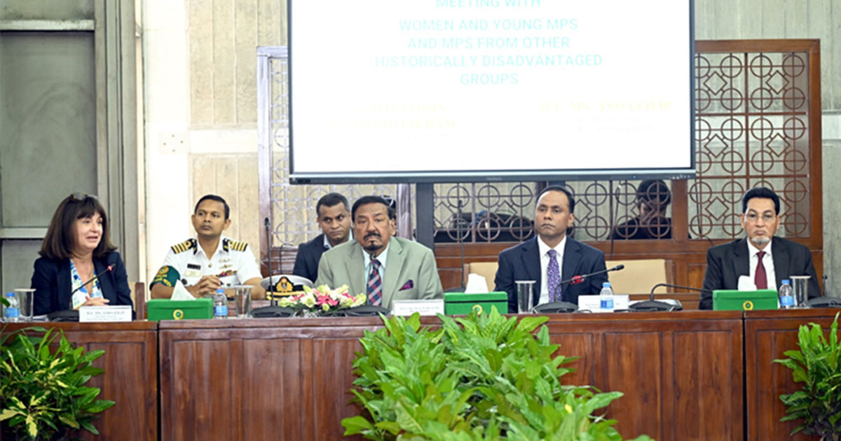 আজ জাতীয় সংসদে অনুষ্ঠিত মতবিনিময় সভায় আইপিইউ-এর সেক্রেটারি জেনারেল অ্যান্ডা ফিলিপ কথা বলেন। ছবি: জাতীয় সংসদ ফেসবুক